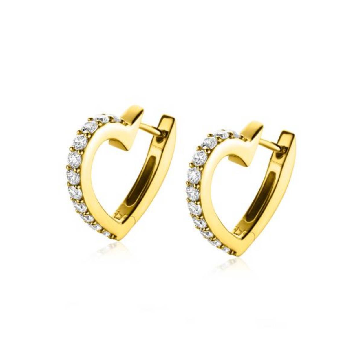 ZINZI gold plated zilveren luxe oorringen 17mm in hartvorm, bezet met witte zirconia's. Met luxe scharniersluiting. Deze oorringen zijn te combineren met al onze Zinzi oorbedels. Vervaardigd van eerste gehalte zilver (925) en voorzien van een extra 14K geel vergulding.