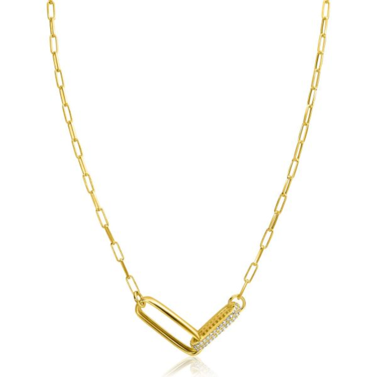 ZINZI gold plated zilveren schakel ketting 45cm met een tussenstuk van twee grote ovale schakels van 8mm breed. Één grote ovale schakel is rondom bezet met witte zirconia's. De lengte van deze ketting is te variëren tussen 40 en 45cm.