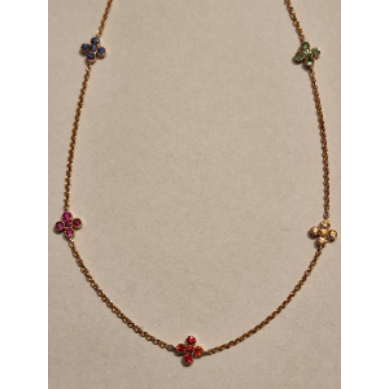 14k roodgouden ketting met multicolor saffier, geel, groen,blauw,rood,roze