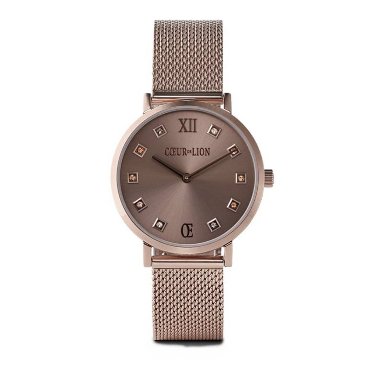 Coeur de Lion horloge, staal, bruine mesh band, bruine kast en wijzerplaat, blokjes als index
