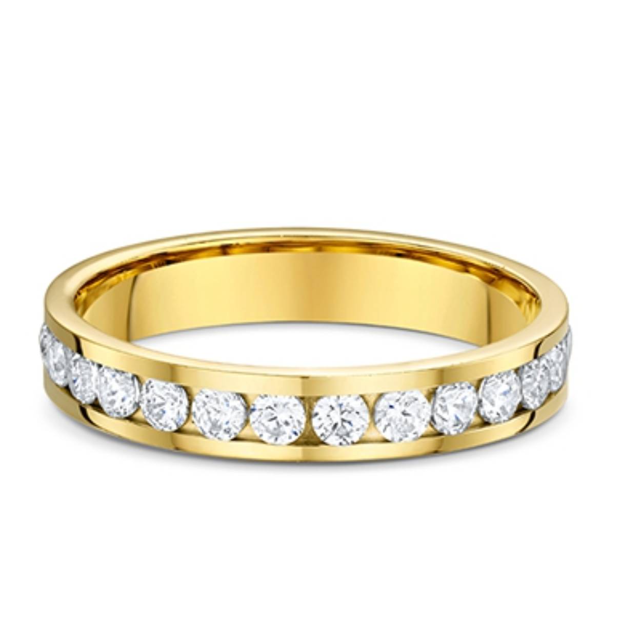 585 geelgouden trouwringen. De damesring is gezet met totaal 1.750 ct briljant. 4 mm breed
Prijs is op aanvraag