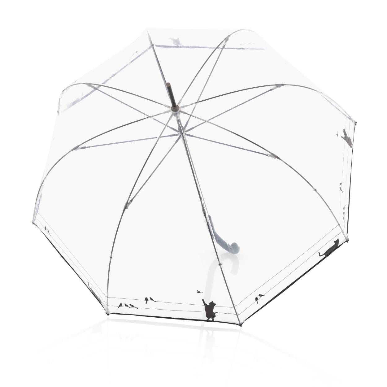 Lange doorzichtige paraplu welke met de hand moet worden bediend. De baleinen zijn van glasfiber en de vorm is een koepeltje waardoor uw kapsel droog blijft.
Doorsnede van de paraplu is 120 cm.

Tip.
Laat uw paraplu altijd open drogen en niet bij een warmte bron. 