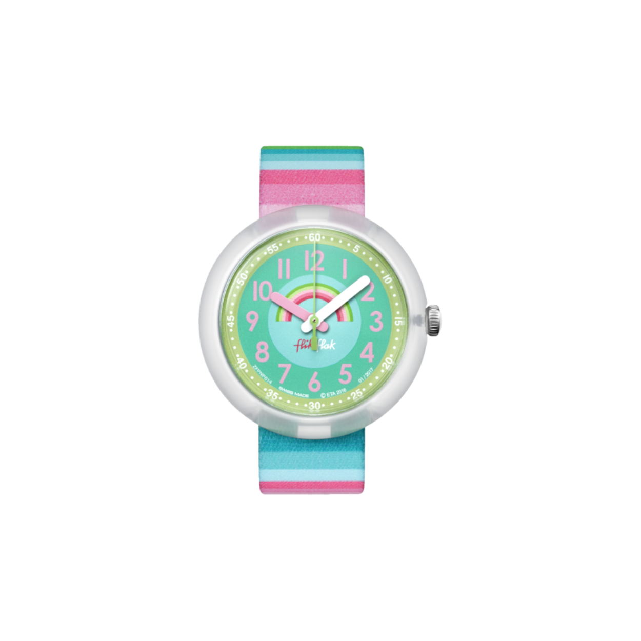 Kijk omhoog naar een sprookjesachtige regenboog, waar leren klokkijken superleuk is. Op dit Zwitserse kinderhorloge vormen streepjes de inspiratie voor prachtige kleurencombinaties. Zonneschijn of regenweer, je weet altijd hoe laat het is!
