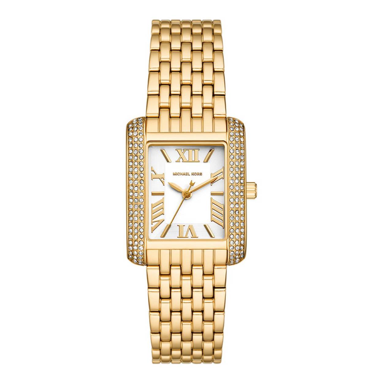 Het Michael Kors Emery horloge van 27 mm heeft een witte sunray-wijzerplaat, een uurwerk met drie wijzers en een goudkleurige roestvrijstalen armband .
