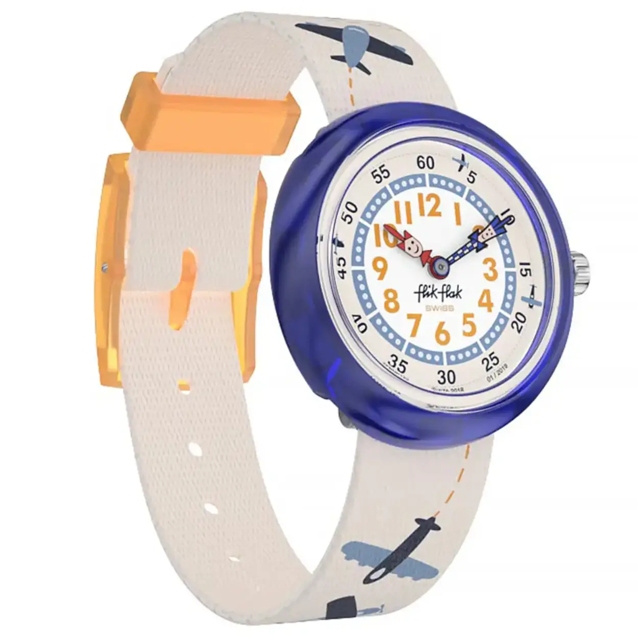 flik flak horloge met blauwe kast, de band is bedrukt met vliegtuigen.