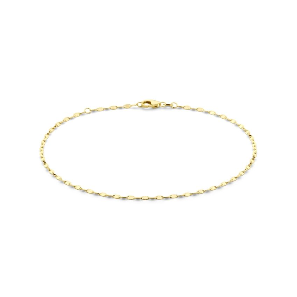 4031294
Geelgouden enkelbandje met een draaglengte van 24cm met een extensie van 2cm. De schakelbreedte is 2.0mm. De armband is uitgevoerd met een stevige karabijn sluiting.