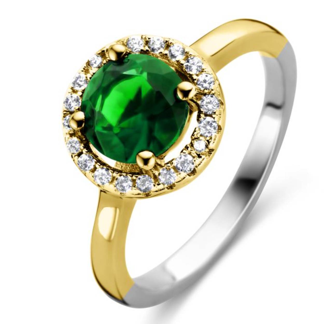ring plaque met zirkonium en groene safier rosette model