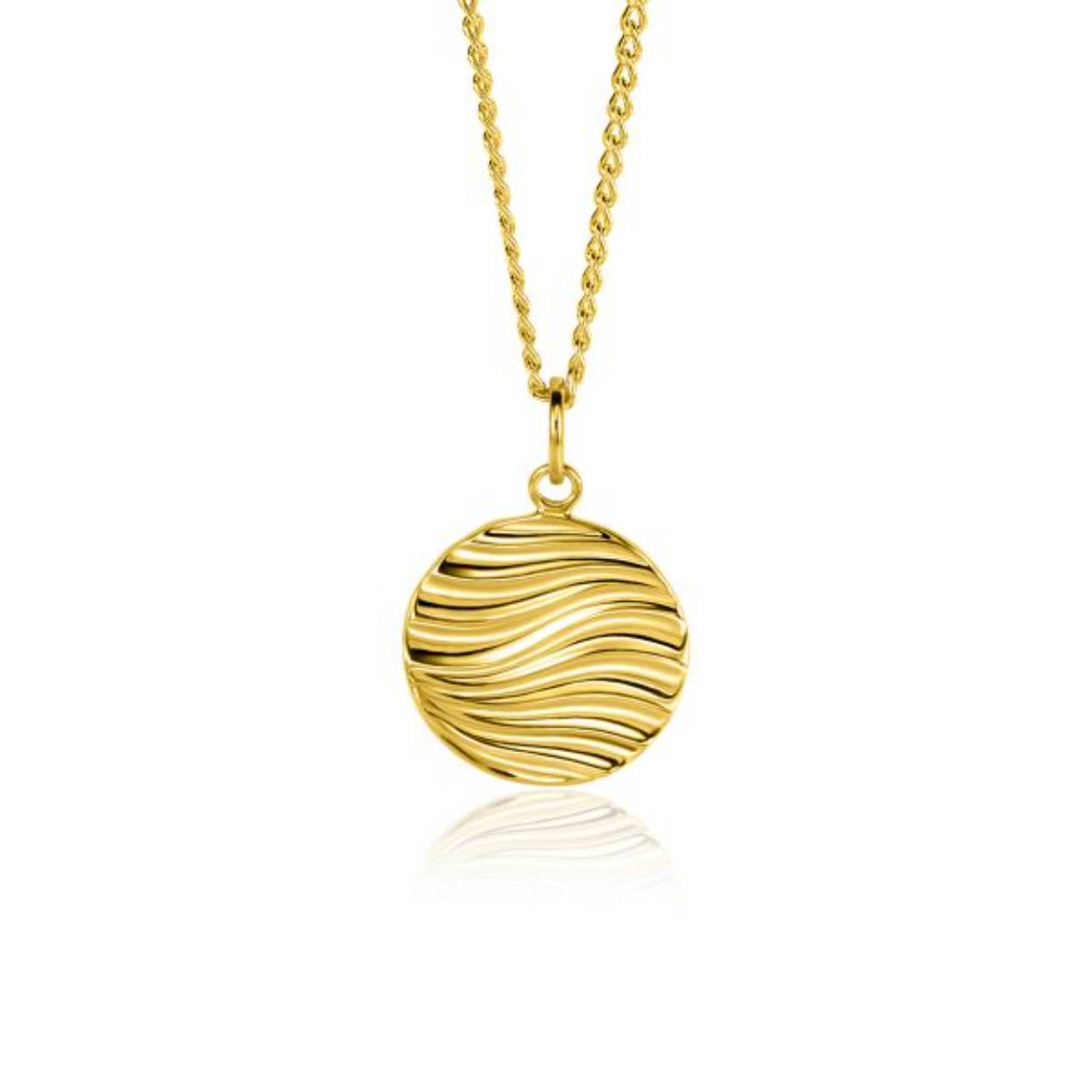 ZINZI gold plated zilveren hanger rond 18mm met sierlijke golven als bewerking. De hanger is vervaardigd van eerste gehalte zilver (925) en extra geelverguld. Prijs is exclusief ketting 