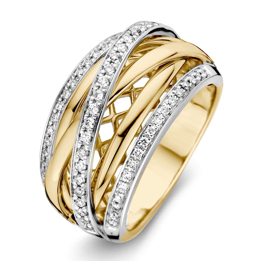  Excellent Jewelry  14 karaat bicolor geel- en witgouden damesring spagetthie model met diamant.
Caraat 0,34 crt.
KleurH / Wesselton
Helderheid SI-1
Briljant
Aantal57