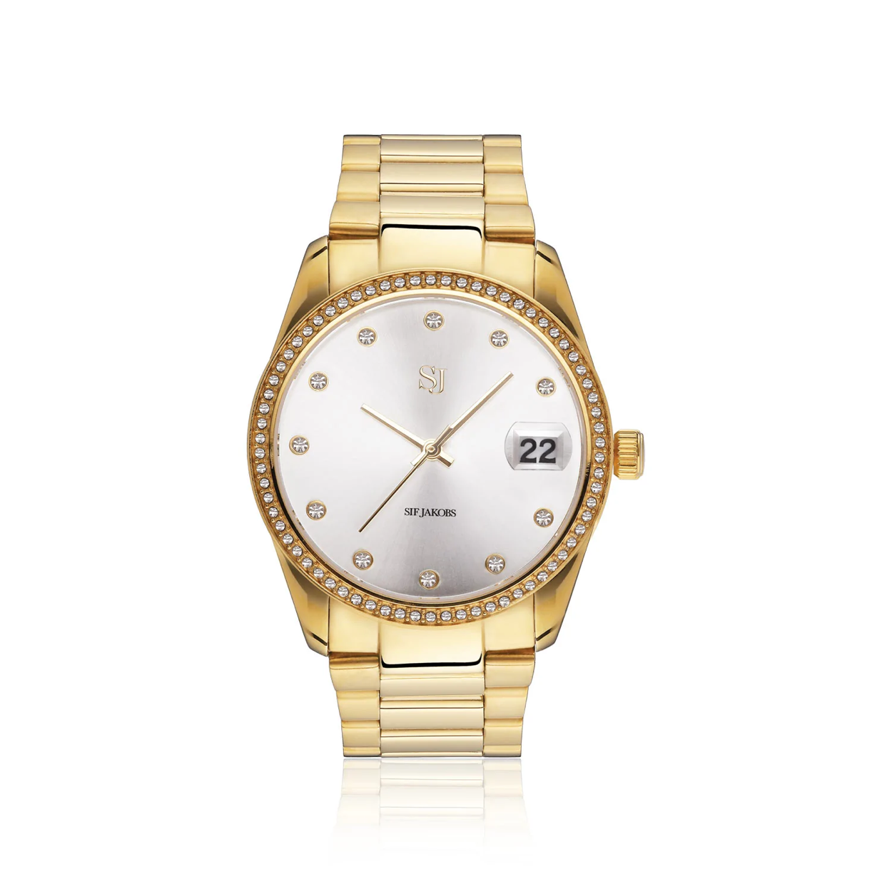 De Sif Jakobs Electra met modelnummer SJ-W1052-CZ-YG is een stijlvolle dameshorloge met een ronde, goudkleurige roestvrijstalen kast van 36 mm en een goudkleurige roestvrijstalen band van 18 mm breed. Met een groene wijzerplaat, saffierglas en quartz uurwerk is het waterbestendig tot 5 ATM en hypoallergeen. Perfect voor dagelijks gebruik en speciale gelegenheden.