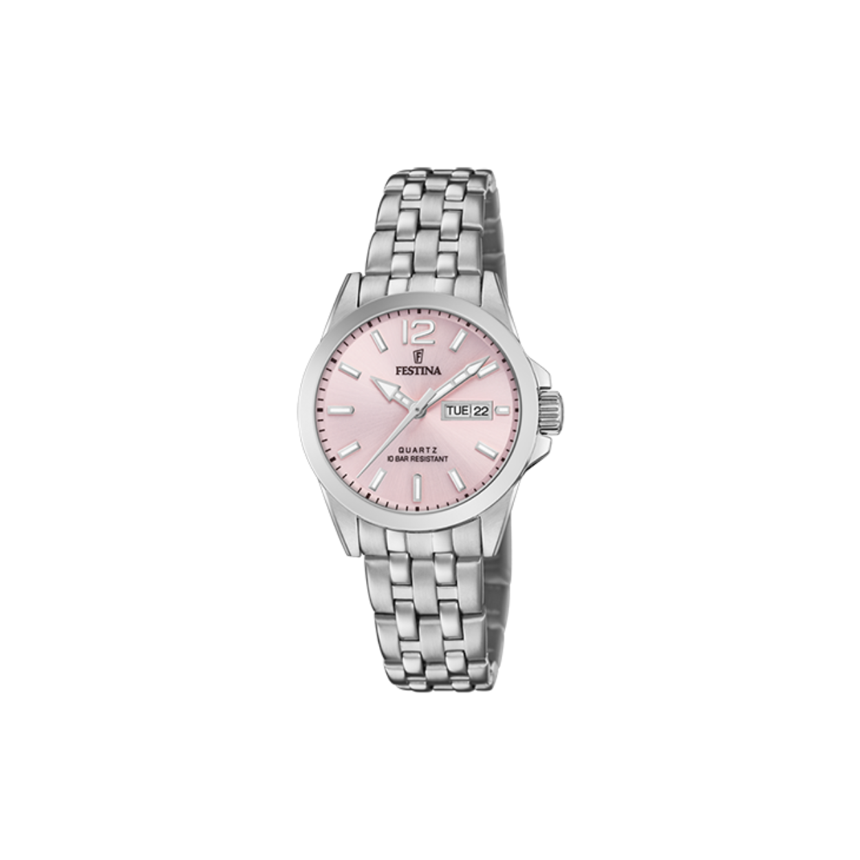 Damesuurwerk van Festina uit de 'Classics' collectie
Zilverkleurige band en kast in edelstaal
Roze wijzerplaat met dag/datumaanduiding
Waterdichtheid: 10 ATM