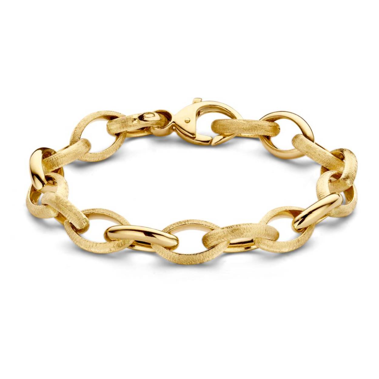 Stijlvolle geelgouden armband met ovale schakels. De schakels deelsglanzend afgewerkt en deelsgematteerd, een prachtig effect!
