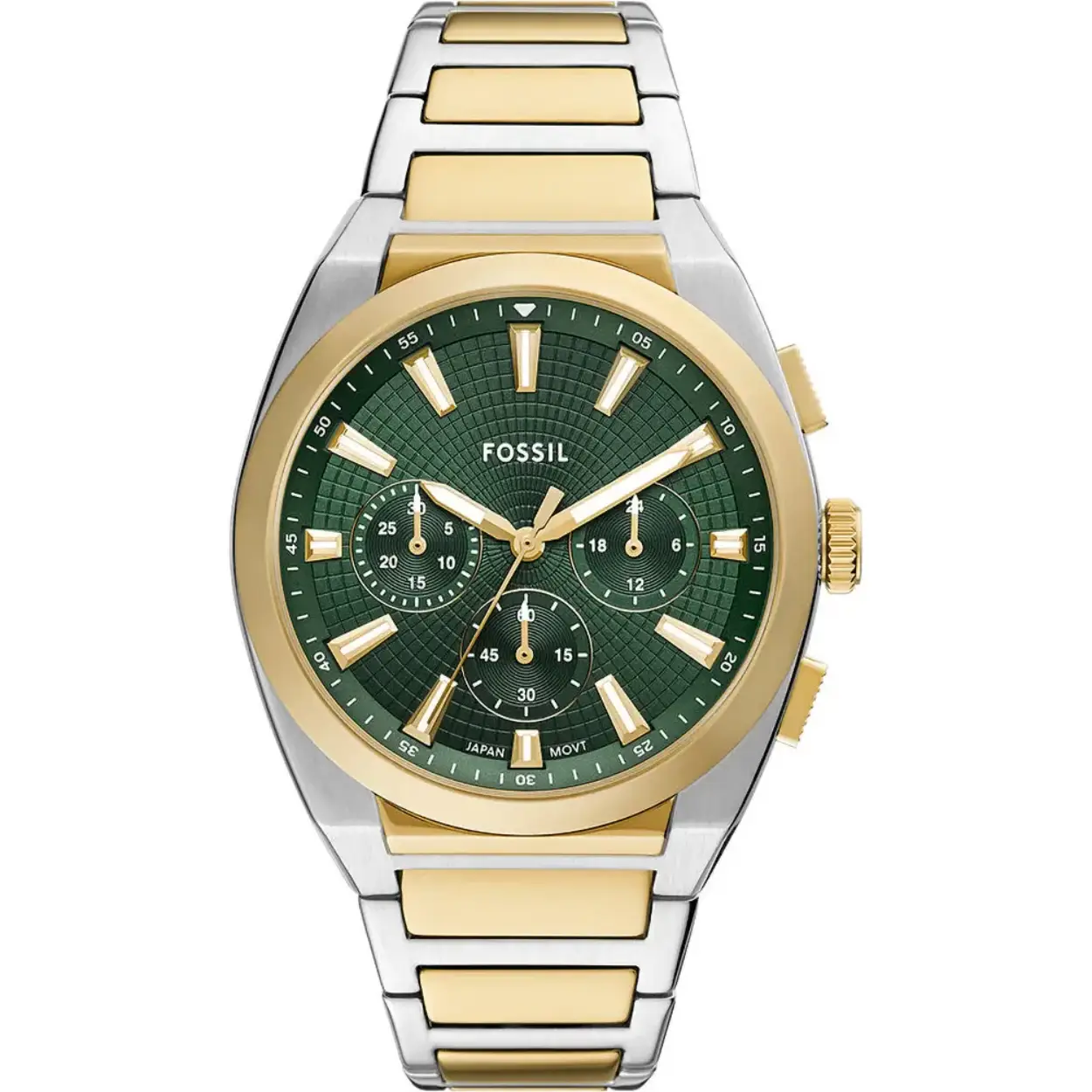 Fossil heren pols horloge staal met stalen band bicolor uit de Evetett collectie. 5 ATM waterdicht.