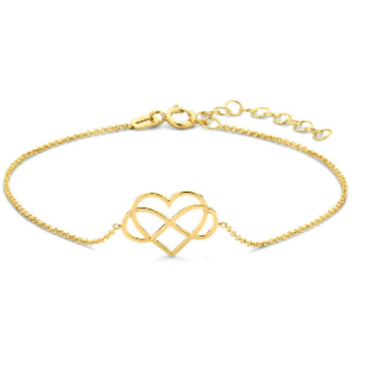 14k Geelgouden armband uitgevoerd met een hart en infinity hanger. De armband heeft een draaglengte van 16cm en een extensie van 3cm
