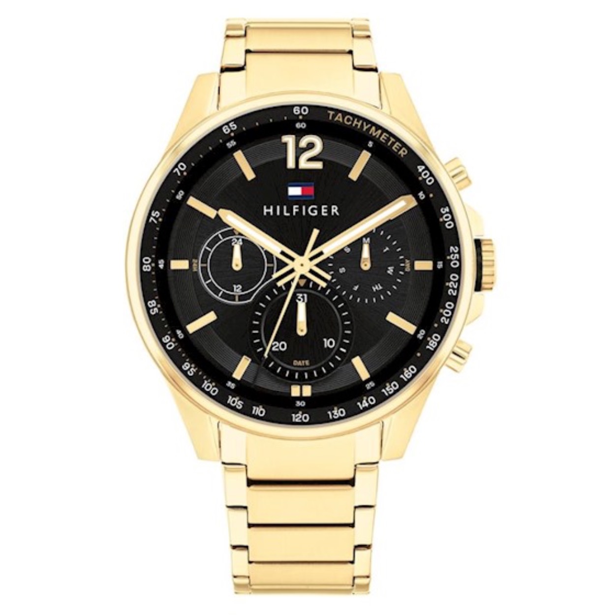 Tommy Hilfiger TH1791974 Horloge Heren Staal Goudkleurig 44mm
Dit unieke horloge van Tommy Hilfiger met artikelnr: TH1791974 is een casual horloge. Het stalen herenhorloge heeft een ronde goudkleurige kast met een tachymeter. Op de zwarte wijzerplaat zitten lumibrite en goudkleurige accenten en zijn de dag datum en 24- uurs aanduiding zichtbaar in ronde uitsparingen. Het horloge heeft een goudkleurige schakelband met een vouwsluiting een mineraalglas een doorsnee van 44mm en is 5 ATM. Door deze kleur combinatie heeft het horloge een chique uitstraling voor de echte Tommy klant.  

Het merk: 
Sinds de lancering van het merk in 1985 is Tommy Hilfiger wereldwijd bekend geworden als pionier van de klassieke Amerikaanse coole stijl. Ge�nspireerd door de iconische popcultuur en het Amerikaanse erfgoed. De dames en herencollectie van dit seizoen bestaan uit minimalistische silhouetten en rustieke lederen details. De herenhorlogecollectie biedt iconische uurwerken met roestvrijstalen lederen en siliconen banden.

Specificaties:
- Mineraalglas
- Ronde kast 44mm
- Goudkleurige horlogekast
- Zwarte wijzerplaat
- Tachymeter
- Goudkleurige schakelband 
- 5 ATM