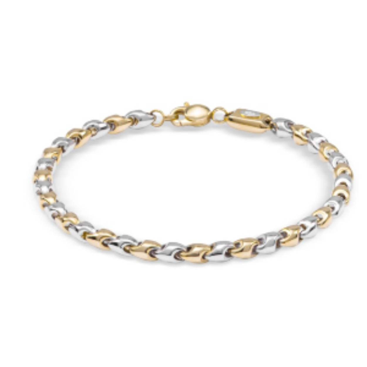 Monzario 14 krt. bi-color gouden armband. de lengte van de armband is 19cm. De afwerking van deze fantasie schakel is geheel glanzend. 
