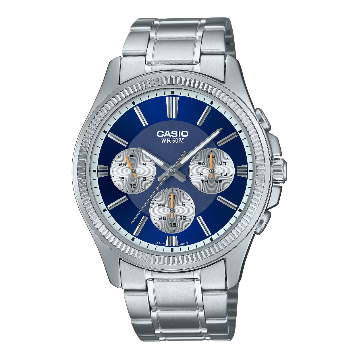 Opvallend en verfijnd - een klassiek metalen analoog horloge, versierd met een wijzerplaat in een opvallende kleur.

Handige wijzerplaten geven de dag, datum en 24-uursklok weer. Dankzij de waterbestendigheid tot 5 bar hoef je je geen zorgen te maken, zelfs als je buiten door de regen wordt overvallen.