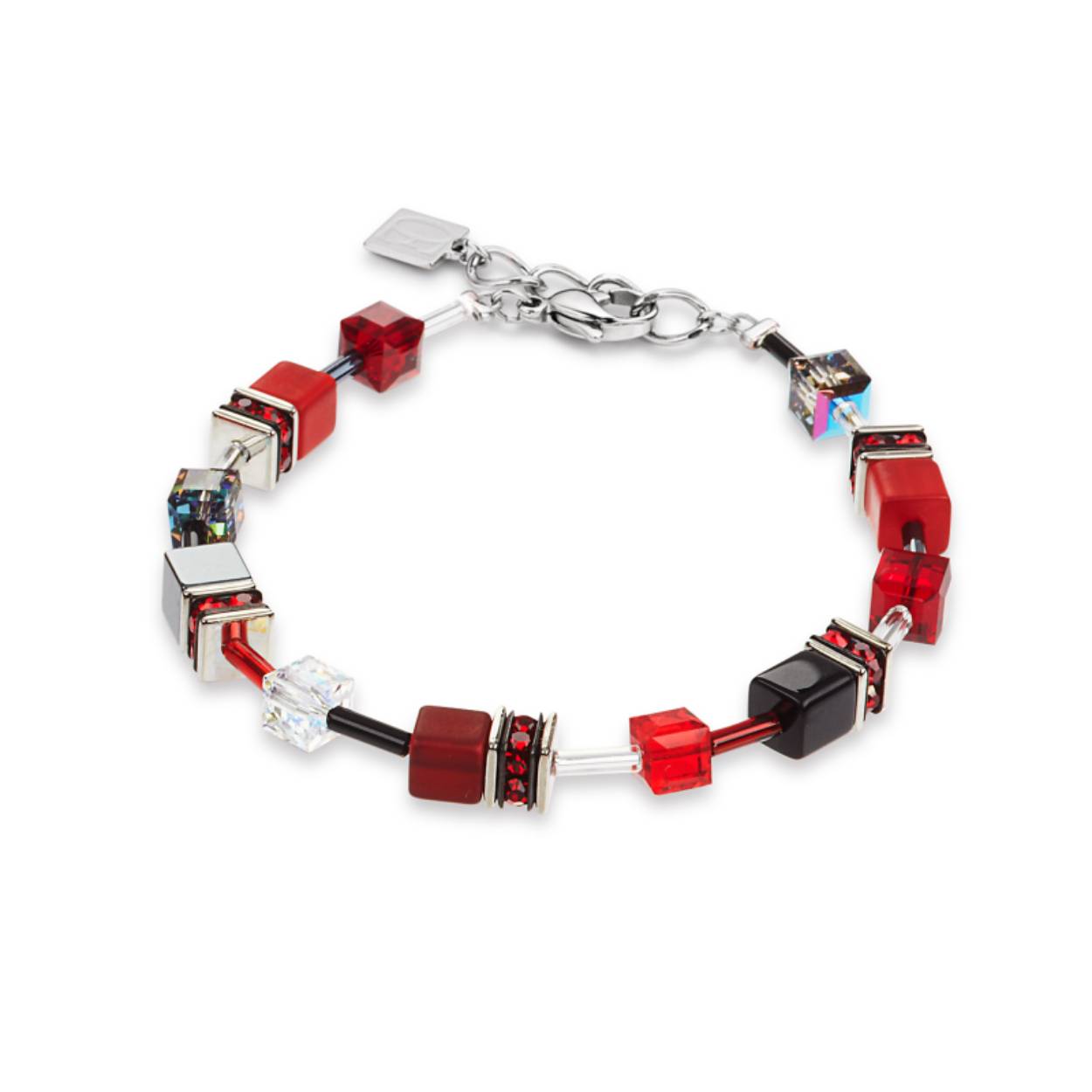 Deze prachtige armband van Coeur de Lion in de tinten multi color rood, wit, zwart en zilver uit de Geocube collectie is super elegant en tijdloos. De lengte is 18 cm maar kan eenvoudig naar 21 cm verlengd worden zodat de armband voor vrijwel iedere pols geschikt is.