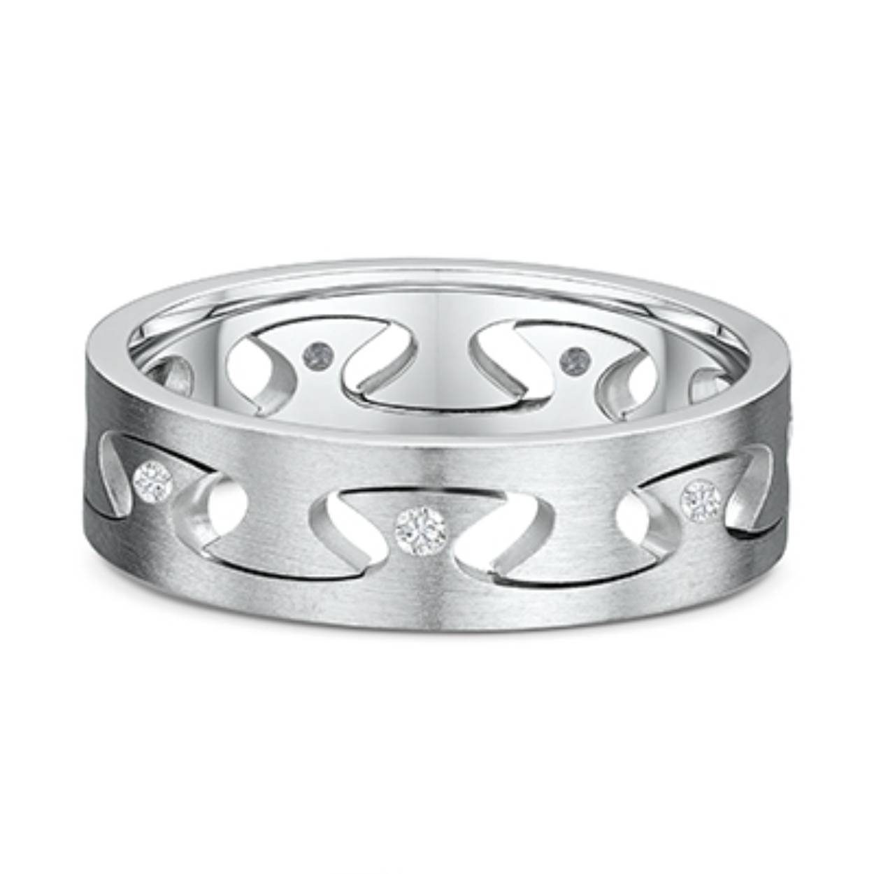 585 gouden trouwringen. In geelgoud en witgoud leverbaar.  mm breed mat. De damesring is gezet met totaal 0.14ct briljant.. Het bovenste en onderste gedeelte van de ringen zitten los van elkaar als een puzzelstukje.
Prijs is op aanvraag