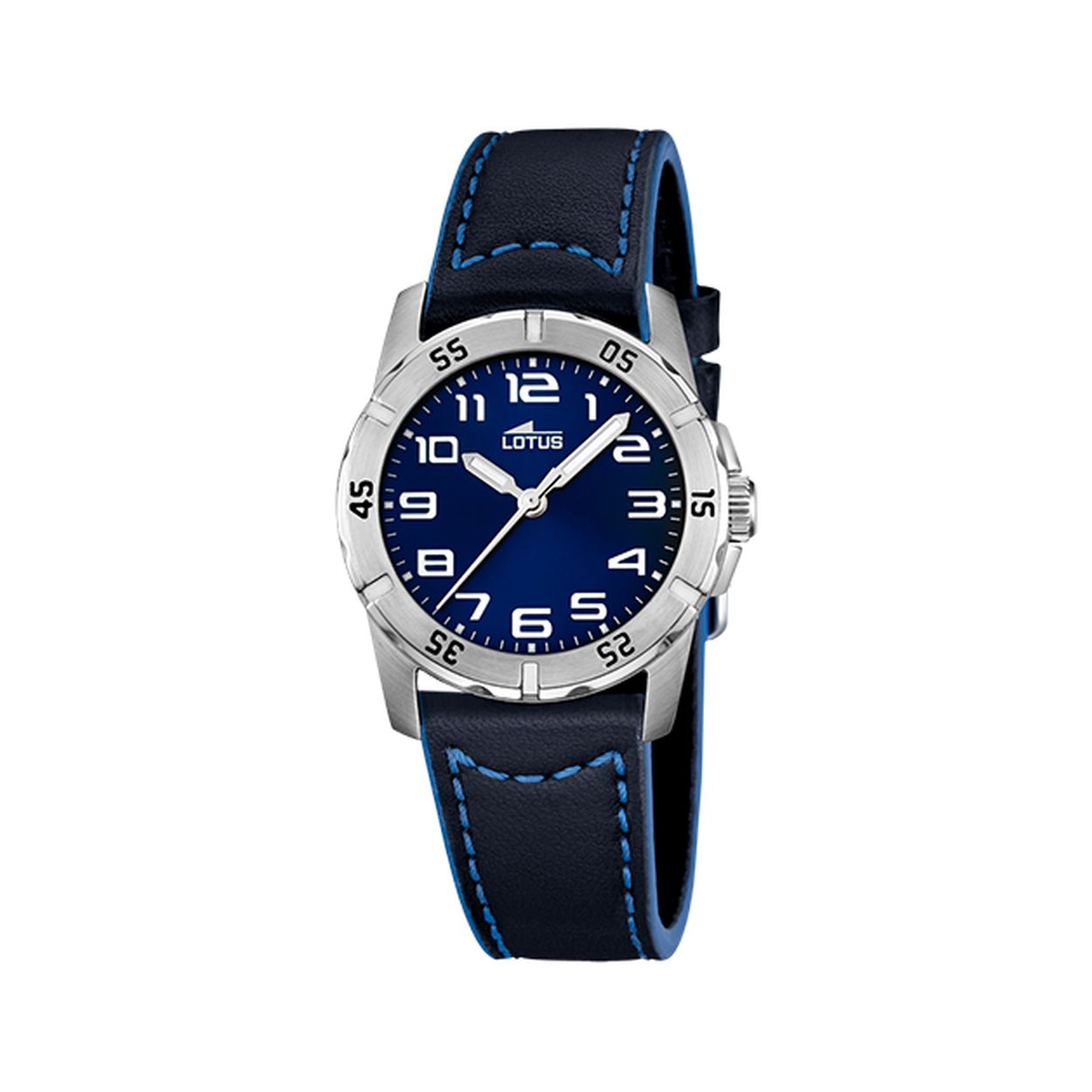 Lotus uurwerk voor jongens - Zwarte lederen band met blauw stiksel - Stalen kast - Blauwe wijzerplaat met duidelijk leesbare cijfers