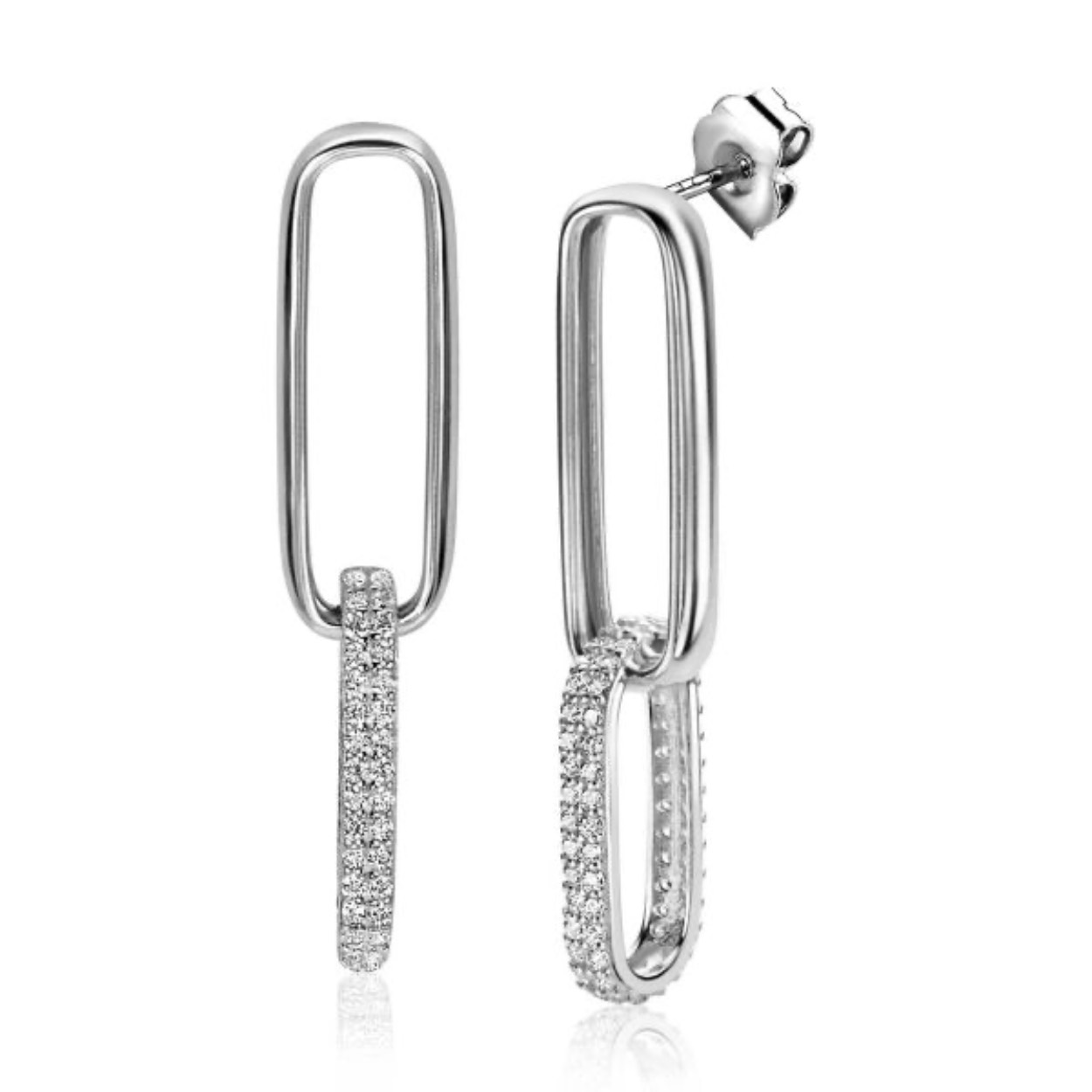 ZINZI zilveren lange oorsieraden 38mm met twee ovale schakels, bezet met witte zirconia's 