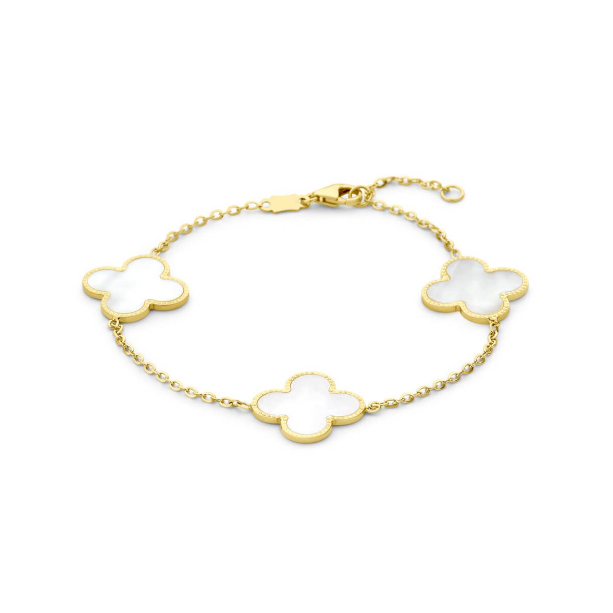 14k Geelgouden armband uitgevoerd met klavertjes 4 met parelmoer. De draaglengtes zijn 16 en 18cm. De klavertjes hebben een afmeting van 19x15mm. De schakelbreedte is 1,5mm. Uitgevoerd met een karabijnsluiting.