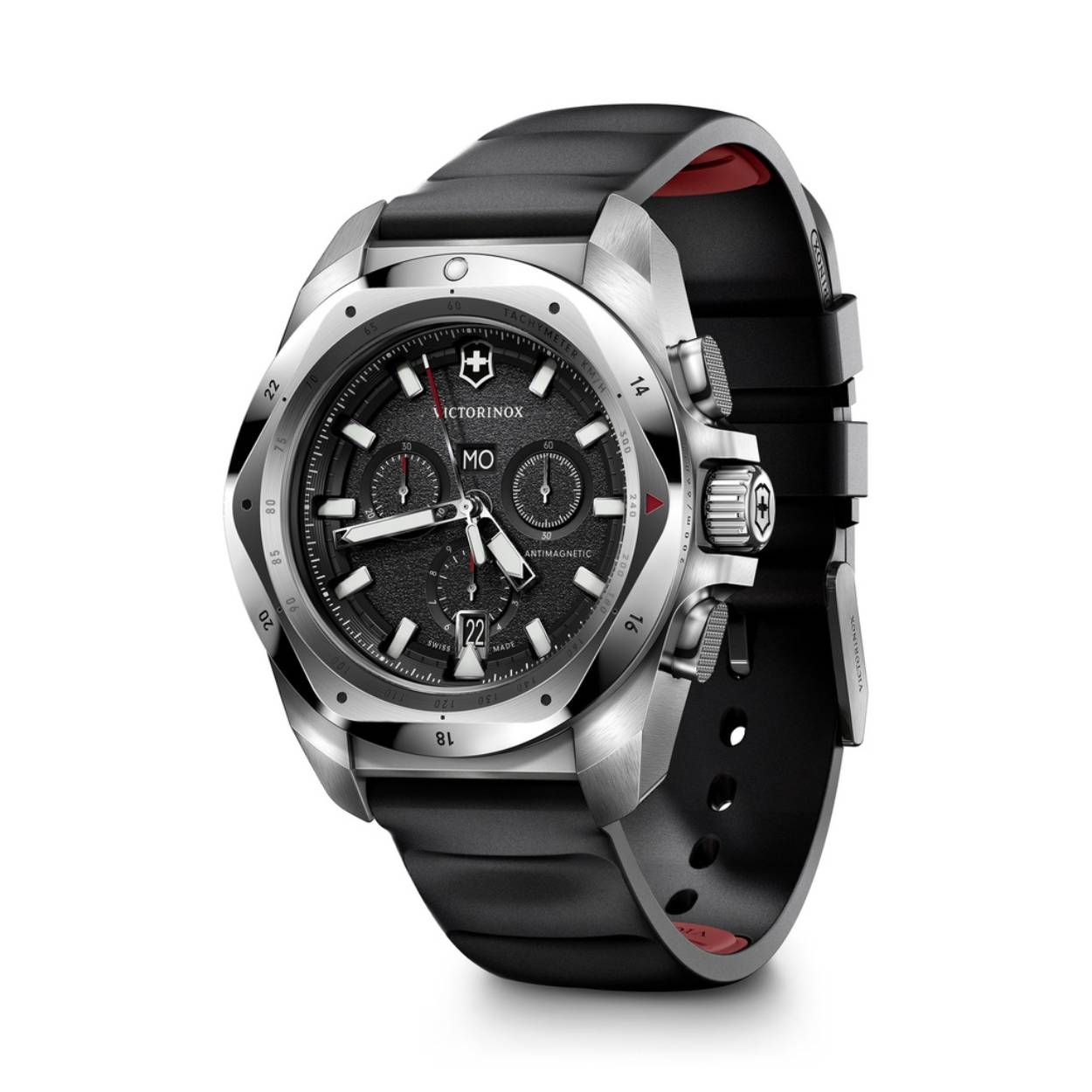 I.N.O.X., ø43, silver stainless steel case, silver stainless steel bezel, black dial, black rubber strap