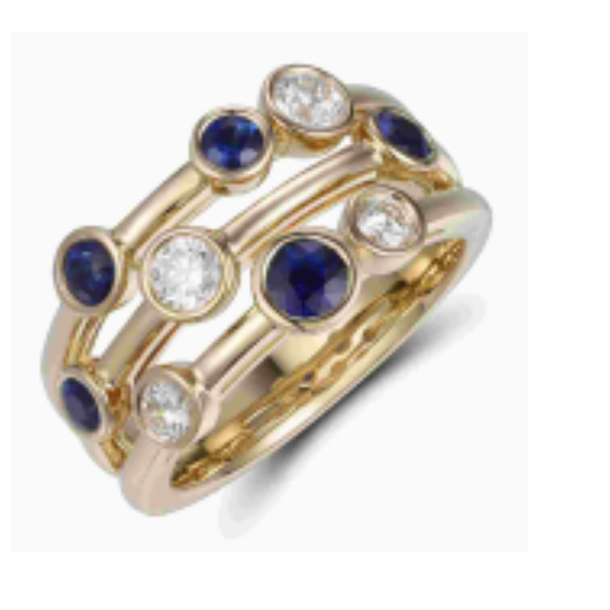 18kt. Geelgouden ring, 2x = 0.32ct + 2x 0.16ct G/Si en 5x 0.76ct saffier