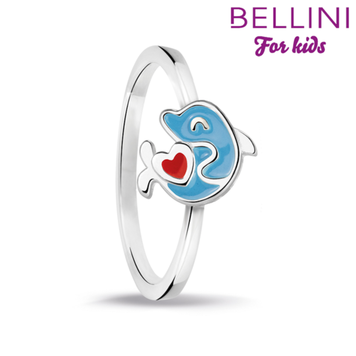 Zilveren Bellini ring dolfijn met hartje met rood en blauw emaille maat 42