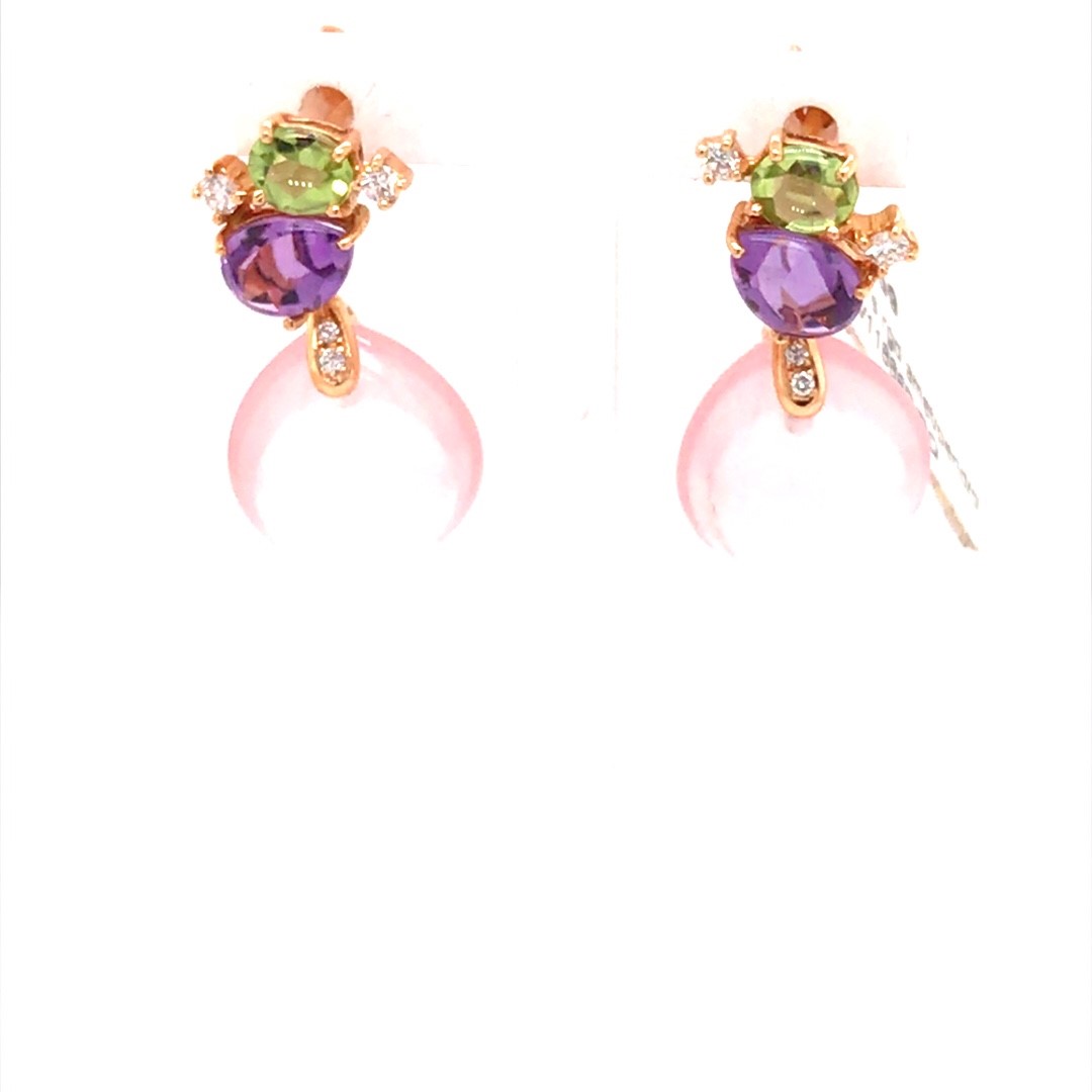 Artur Scholl 18krt rose gouden oorstekers met rozenkwarts/amethist/diamant/peridot