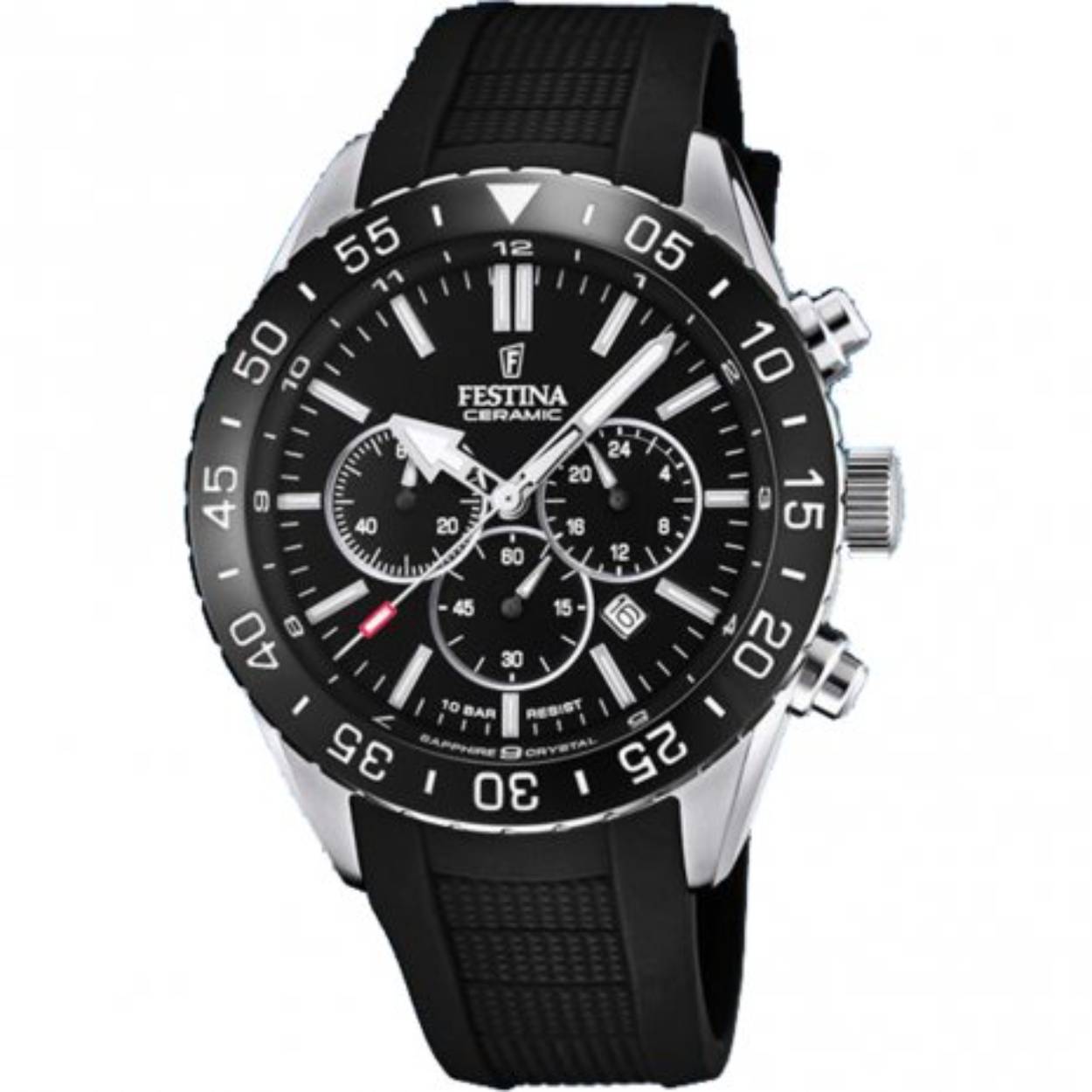 Festina heren horloge F20515/2 met een staal kast en een saffier glas met een rubber band/armband.