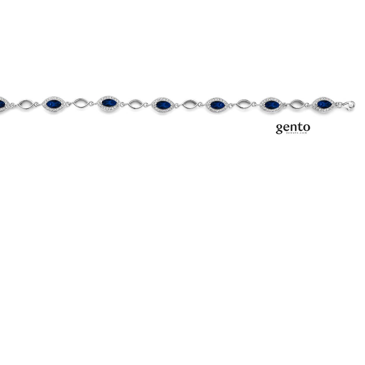 Zilveren armband met blauwe synthetische stenen en witte zirconia's.
Lengte: 19 cm