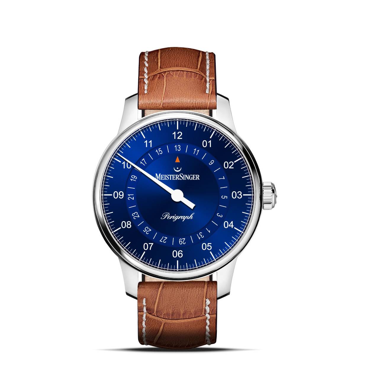 Dit is een automatisch horloge van het merk MeisterSinger uit de collectie Timekeeping Icons.
Het horloge heeft een wijzerplaat in de kleur blauw en een band in de kleur cognac.