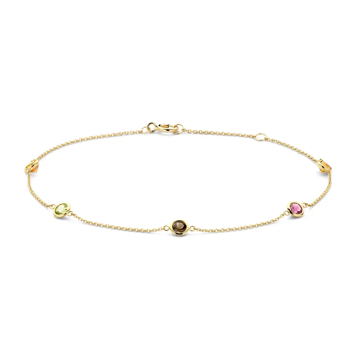 Deze elegante 14k geelgouden schakelarmband is een stijlvolle toevoeging. De fijne anker schakelketting van 0.8 mm is verrijkt met prachtig gekleurde edelstenen: Citrien, Rookkwarts, Rhodoliet en Peridoot. Elke steen is gladomzet, wat zorgt voor een strakke afwerking.