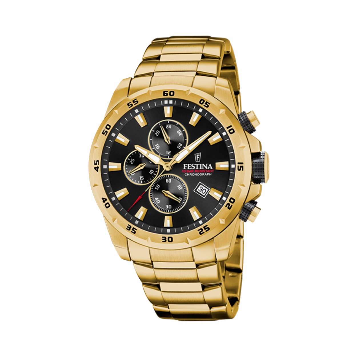Herenuurwerk van Festina uit de 'Chrono sport' collectie - Goudkleurige band en kast in edelstaan - Zwarte wijzerplaat multifunctie met datumaanduiding - Chronograaf - Waterdichtheid: 10 ATM