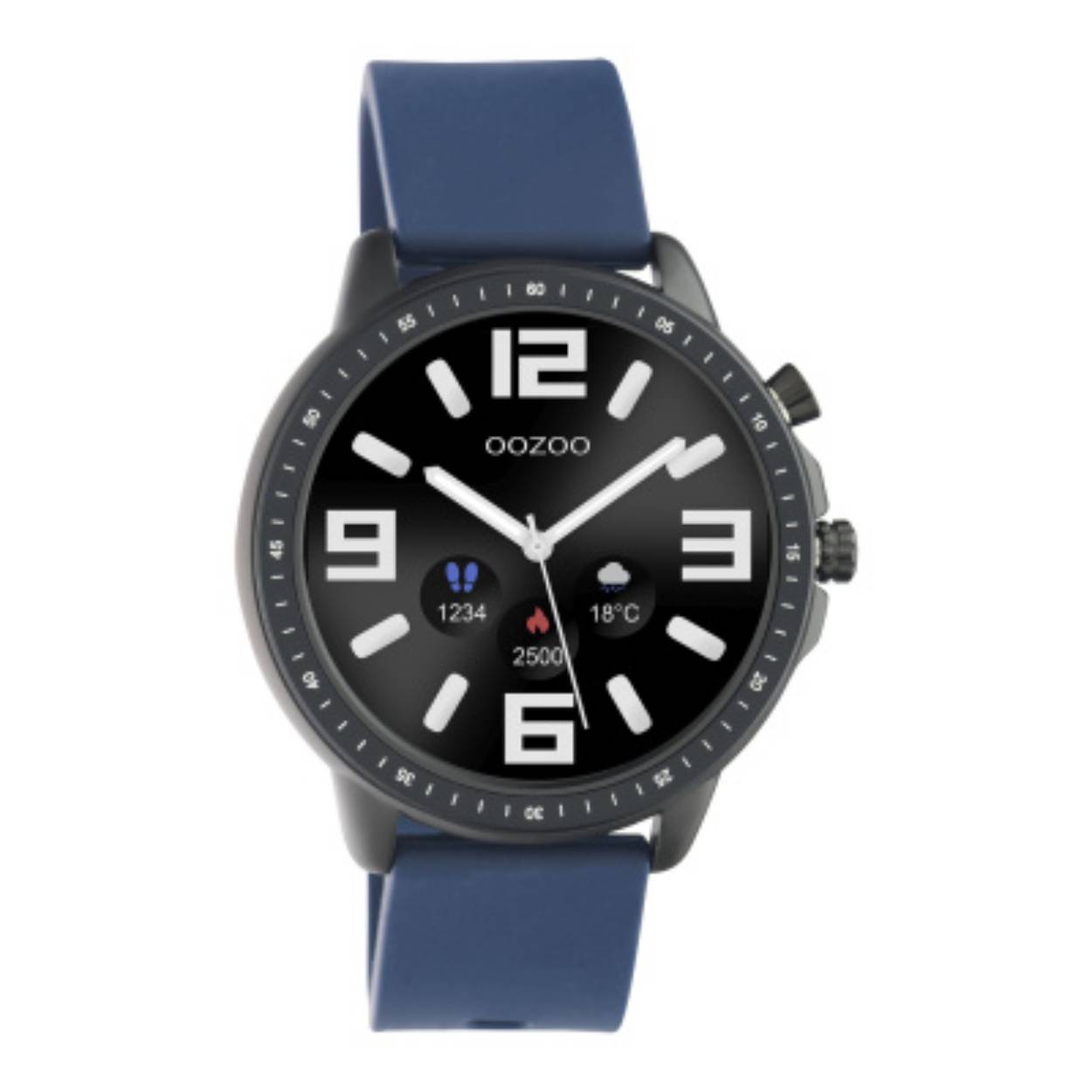 De horloges van deze digitale collectie hebben een rond design en originele OOZOO wijzerplaten. Deze unisex smartwatch is de slimme oplossing voor iedereen. De zwart kleurige horlogekast, sterke donker blauw rubber horlogeband en IP67 certificering