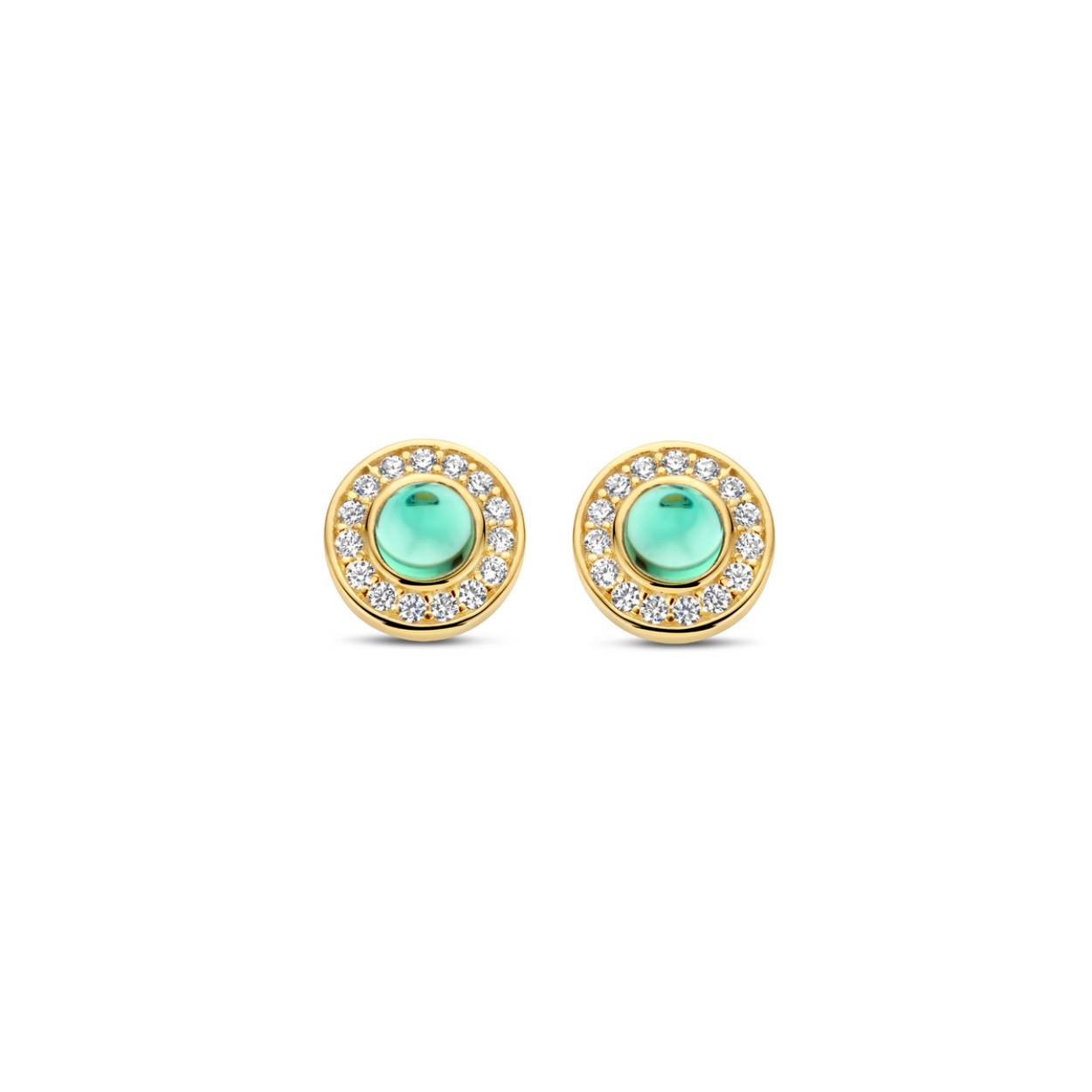 Zilveren geel vergulde oorbellen met groene cabochon + CZ Naiomy