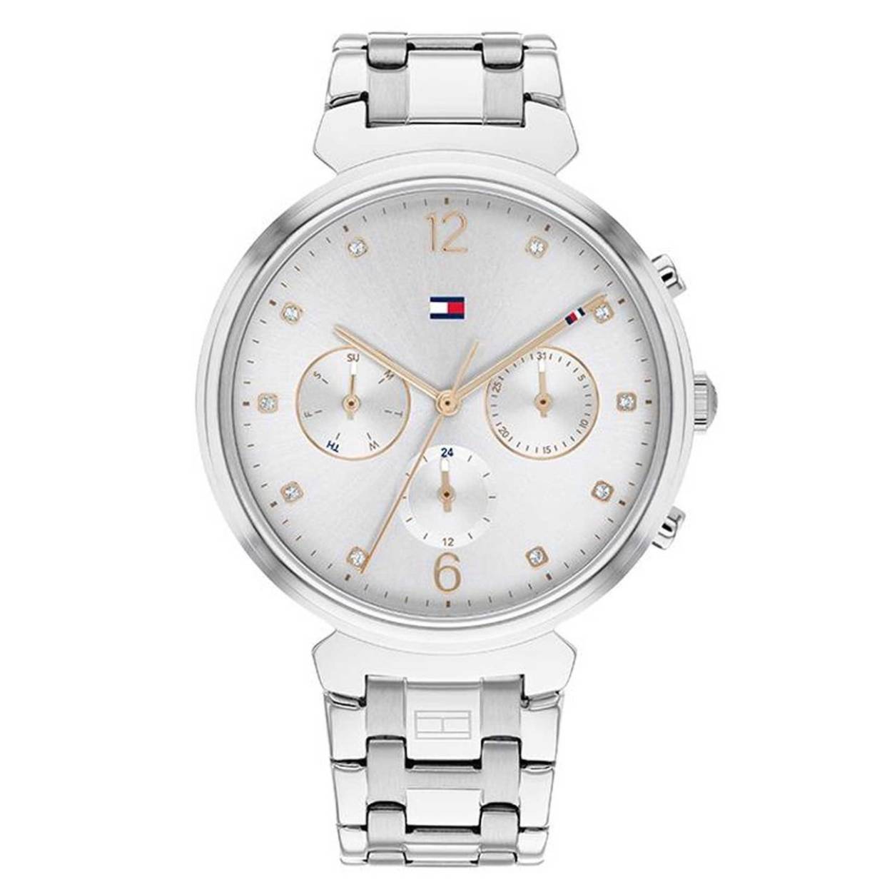 Dit zilverkleurige classy horloge is gemaakt van staal en heeft een roségoudkleurige wijzerplaat.