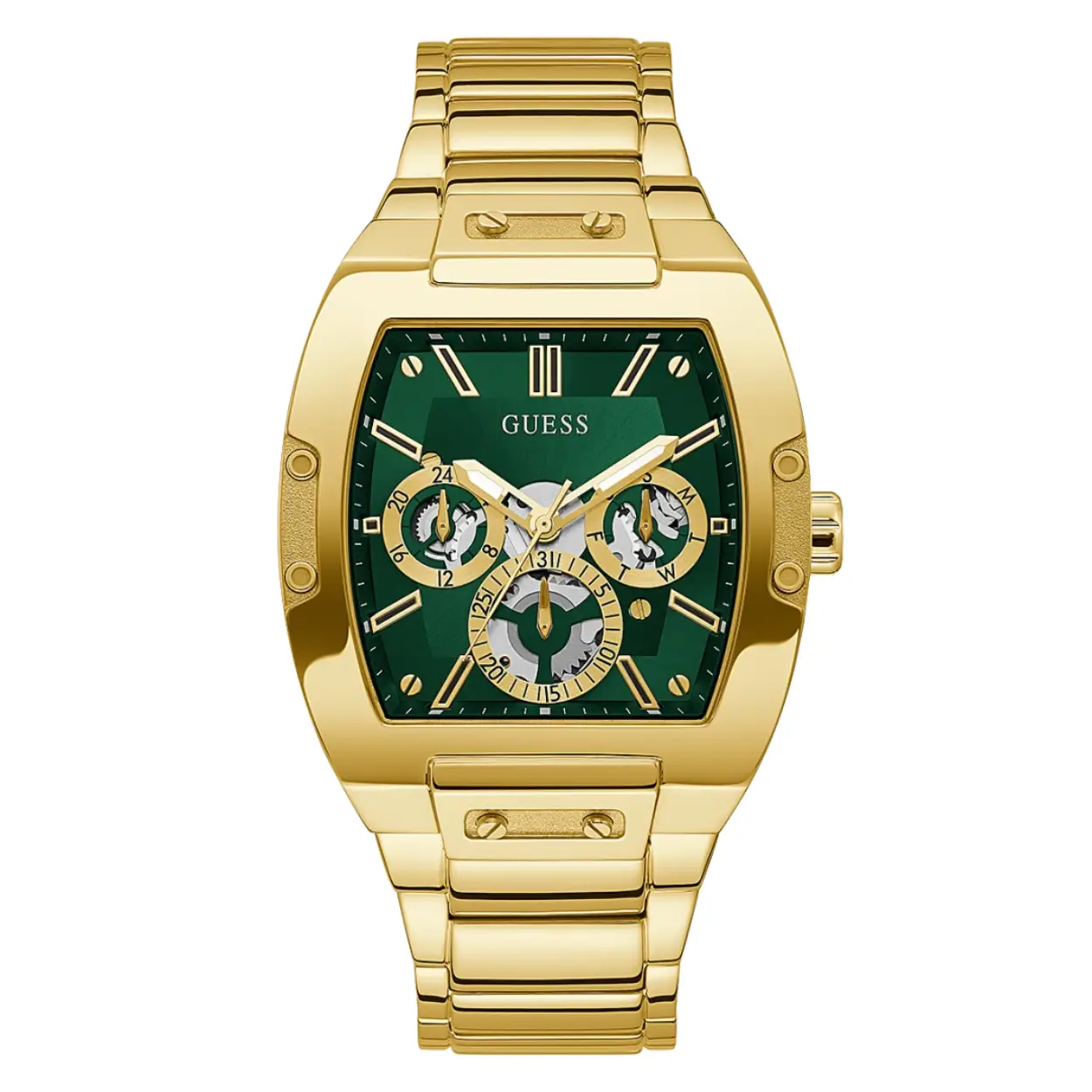 Heren horloge met groene wijzerplaat met goudkleurige roestvrije stalen schakelband.