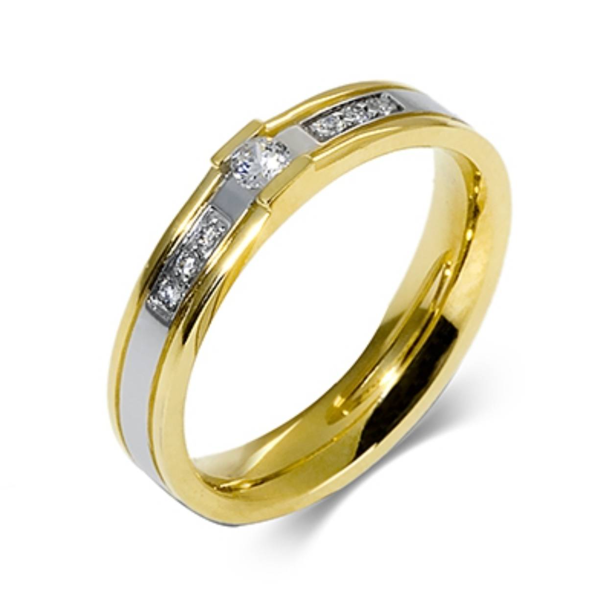 14krt bicolor trouwringen. Dames ring bezet met briljant geslepen diamanten van totaal 0.14ct. Ring breedte is 4mm.