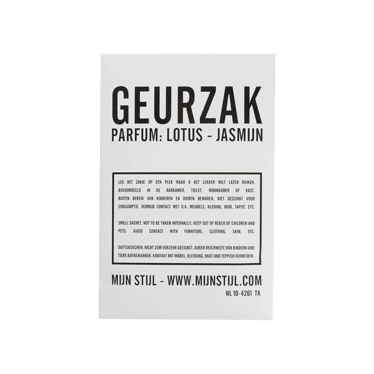 Geurzakje van het merk MIJN STIJL. Ruikt heerlijk naar de geur Lotus & Jasmijn. Leuk om in huis te zetten of om cadeau te geven.