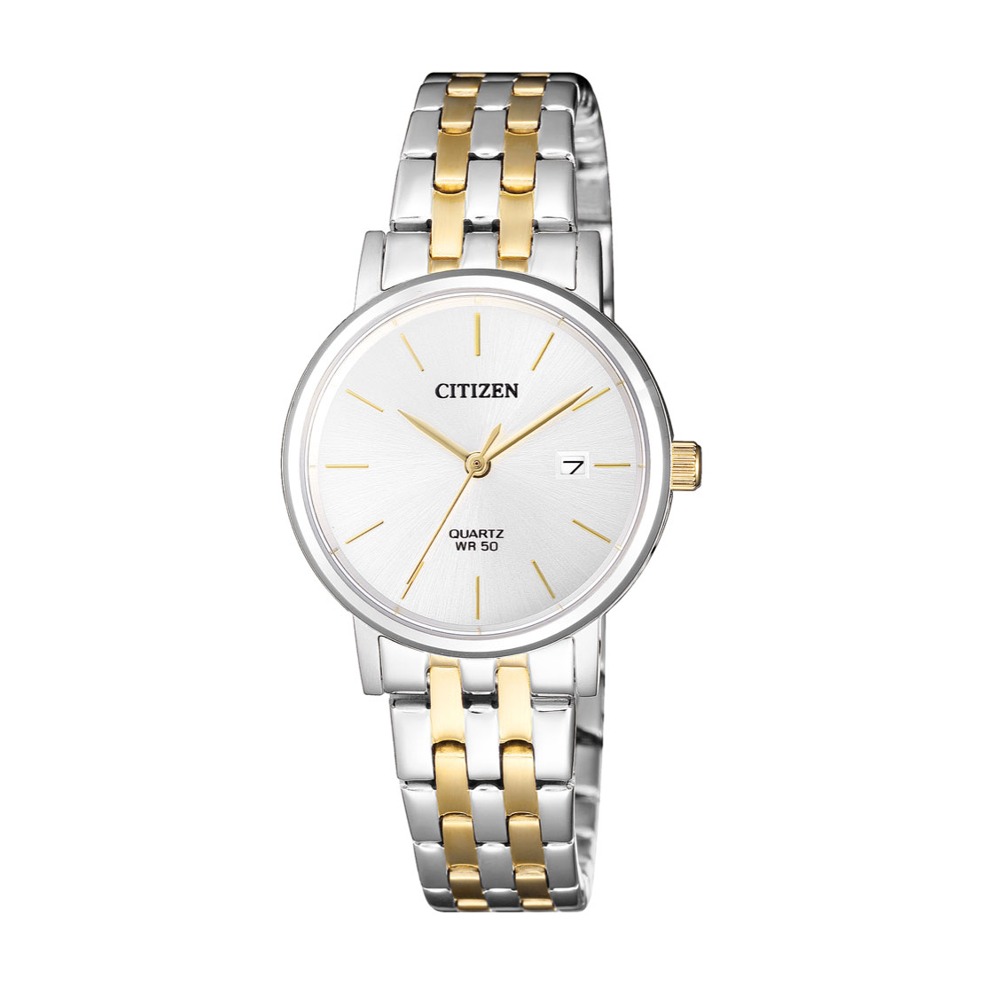 Dit Citizen dames bi-color horloge EU6094-53A heeft een roestvrijstalen kast met een diameter van 28mm en is voorzien van een metalen band.
