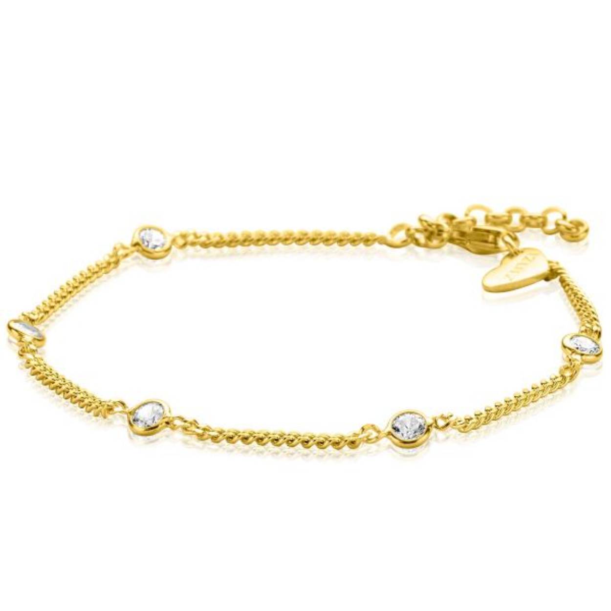 ZINZI zilveren extra 14K geel vergulde armband met gourmet schakels, afgewisseld door vijf ronde zettingen met elk een witte zirconia. De lengte van dit sieraad is te variëren van 17 tot 19 cm. Vervaardigd van eerste gehalte zilver (925) en extra 14K geel verguld. Draag de armband samen met de bijpassende ring, collier en oorsieraden.