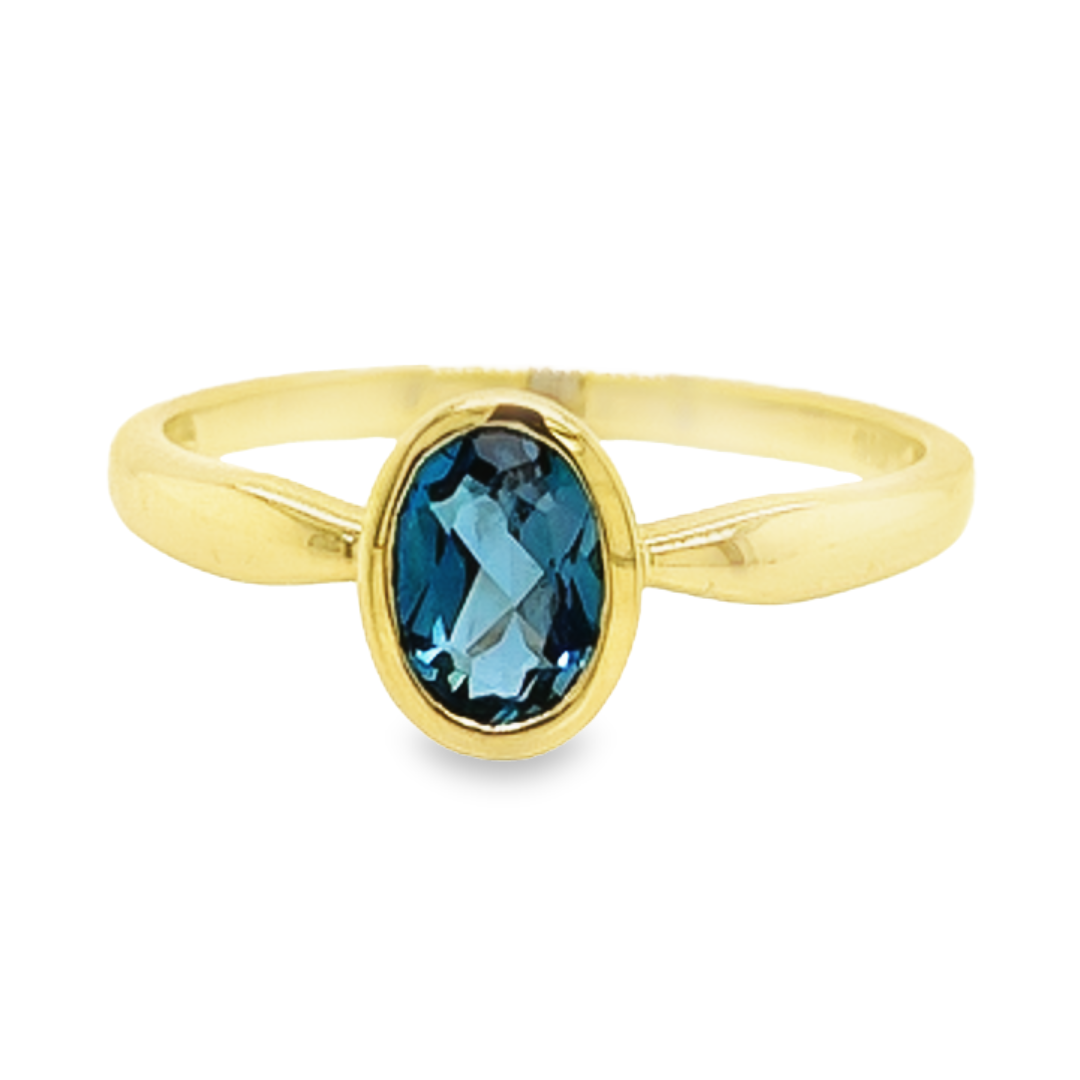 Deze geel gouden ring bevat een prachtige London Blue topaas. De topaas is ovaal geslepen en gezet in een ovale zetkast. Deze ring is ontzettend elegant en heeft mooie subtiele uitstraling.