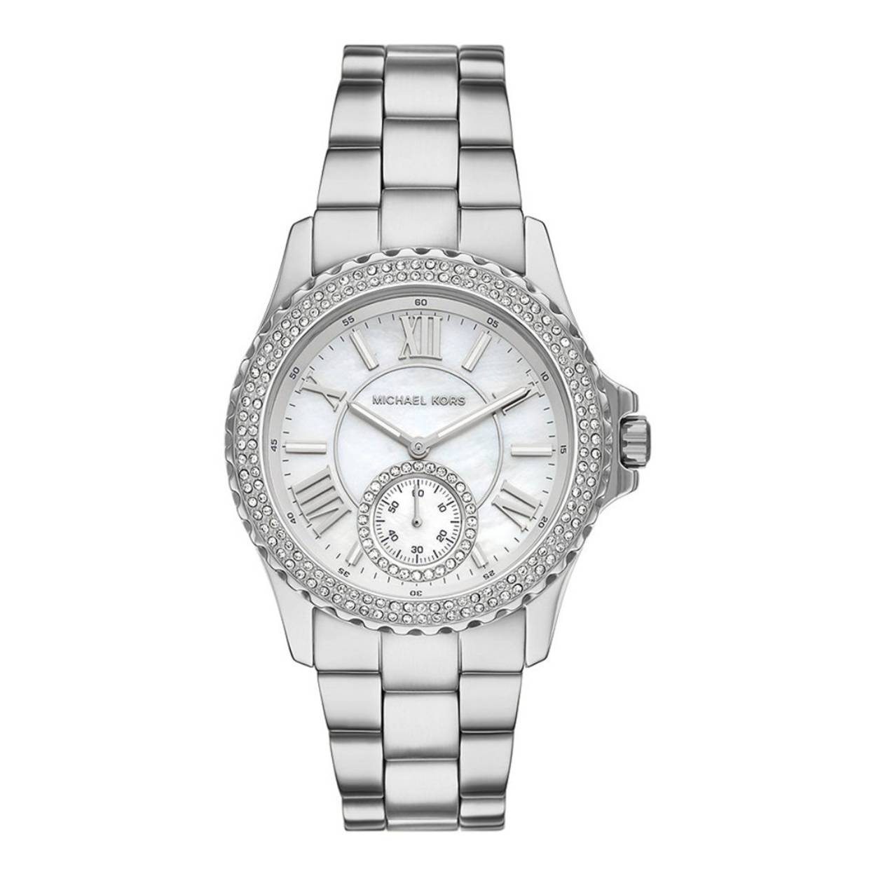 Dit Michael Kors horloge, uit de Everest collectie, heeft een stalen band en kast met een bezel bezet met glinsterende steentjes.
De wijzerplaat is wit parelmoer met zilverkleurige wijzers en indexen. 