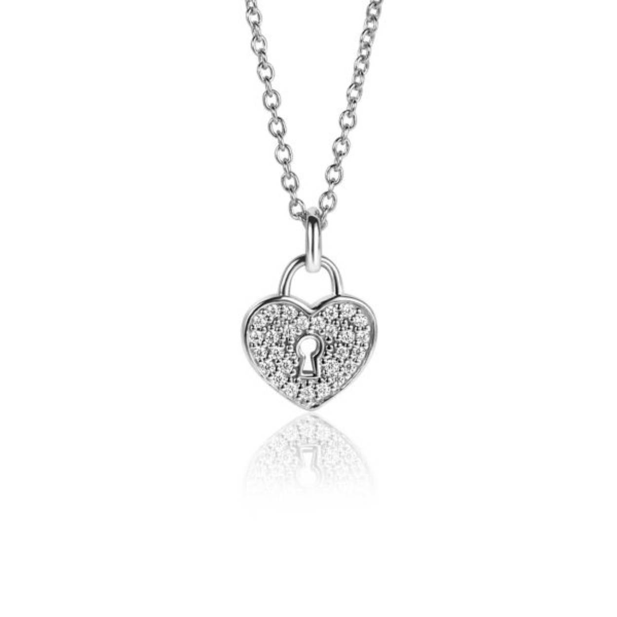 ZINZI zilveren hart hanger (15mm), met trendy sleutelgat en bezet met witte zirconia's. Combineer met een ketting naar wens. De hanger is exclusief collier geprijsd. Vervaardigd van eerste gehalte zilver (925) en voorzien van een extra rodiumlaag voor een langdurige glans.