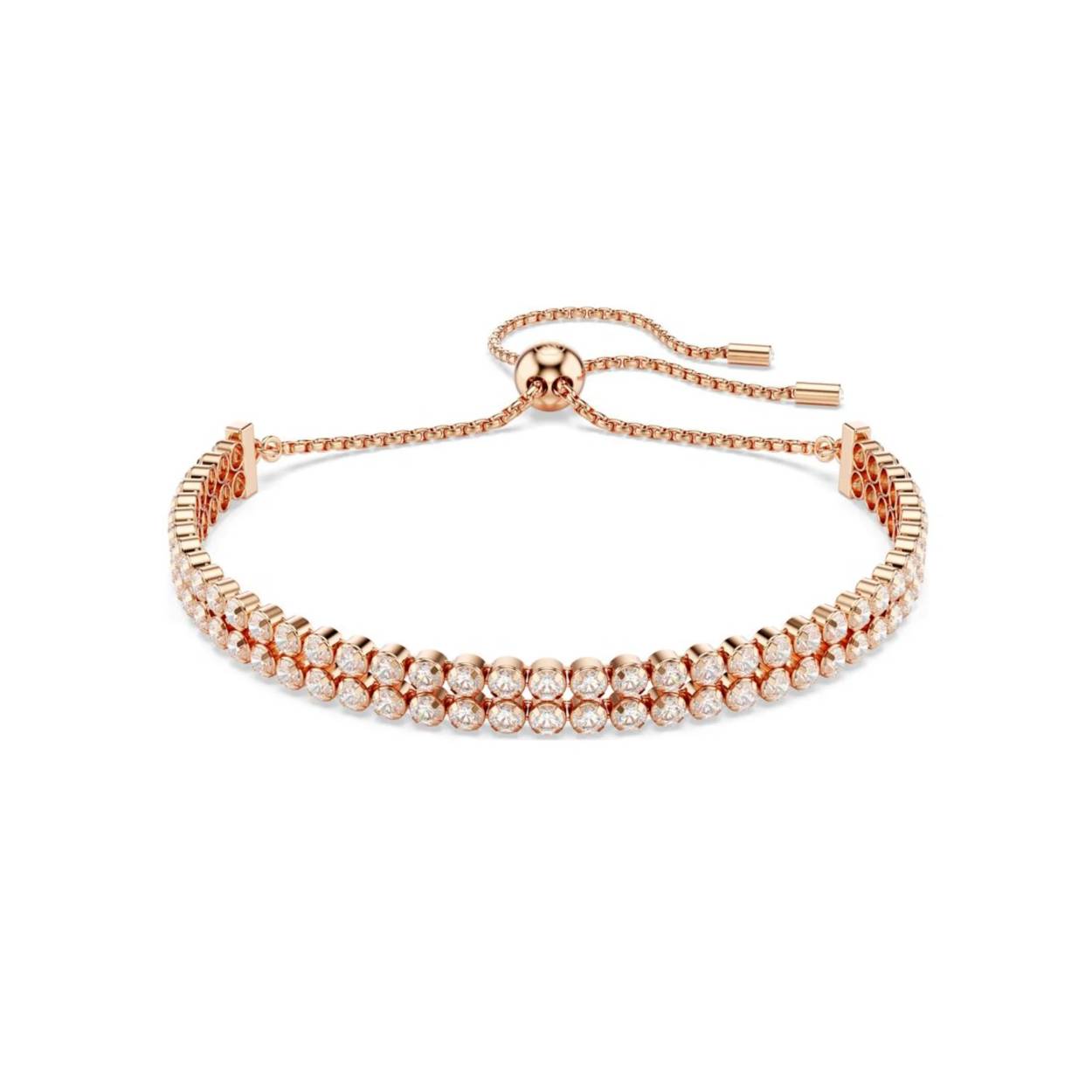 Deze tijdloze armband met roségoudkleurige toplaag is een ideaal cadeau voor liefhebbers van licht. Twee delicate strengen Swarovski Zirkonia zijn gezet in een elegant cupchain-ontwerp, dat prachtig rond de pols valt. De armband is afgewerkt met een innovatieve glijdende kogelsluiting, waarmee u de maat kunt aanpassen voor een perfecte pasvorm. Draag deze armband voor een verfijnde look overdag of creëer een glamourvolle look voor de avond door hem te combineren met contrasterende stijlen.