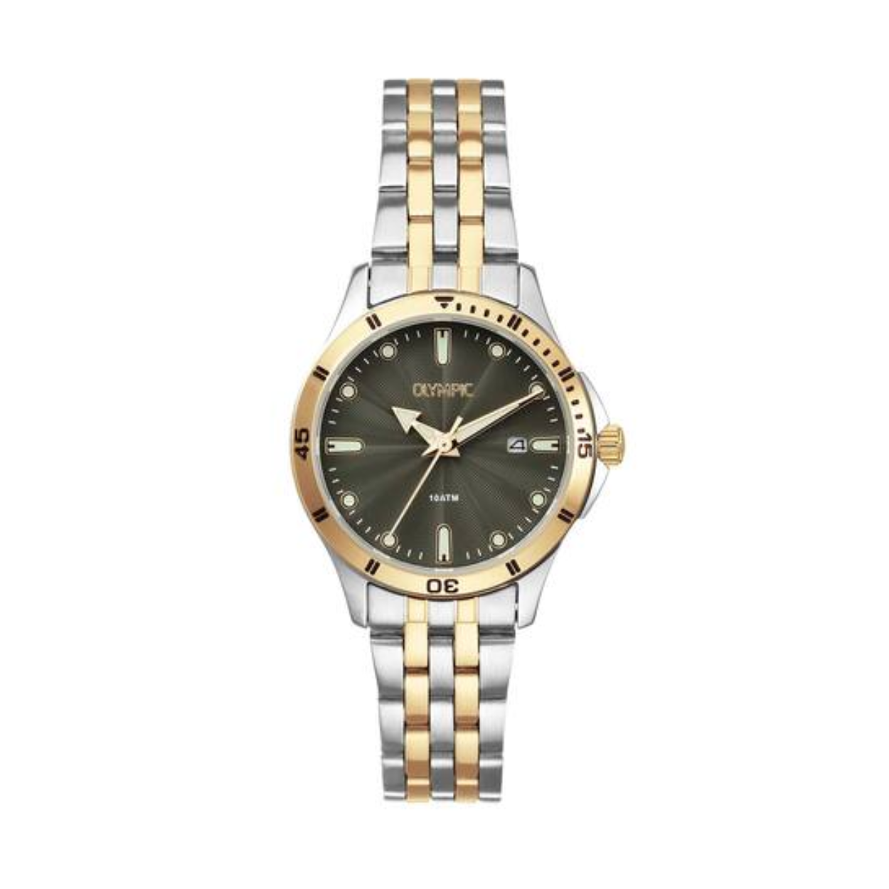 Olympic OL72DSS113B Quinn Horloge Staal 28mm 
Dit unieke Olympic horloge met artikelnummer: OL72DSS113B is een dameshorloge met een classic sportieve uitstraling. Het horloge heeft een ronde stalen kast met een goudkleurige bezel, een groene wijzerplaat met een datum, witte strepen en stippen ingelegd met lumibrite. Aan de kast zit een stalen bicolor schakelband met vouwsluiting. Het horloge heeft een mineraalglas, een doorsnee van 28mm en is 10ATM.

Het merk:
Een mooi horloge hoeft niet duur te zijn! Het Nederlandse horlogemerk Olympic levert stoere chronografen, slimline series, digitale uurwerken en elegante dameshorloges. De prijs-kwaliteitverhouding staat bij Olympic hoog in het vaandel met prijzen die uiteenlopen van € 34,95 tot en met € 159,00.

100% Nederlands ontwerp, waterdicht en standaard 3 jaar fabrieksgarantie.

Specificaties:
- Ronde kast Ø 28mm
- Stalen horlogekast
- Groene wijzerplaat
- Stalen schakelband
- 10ATM 
- Standaard 3 jaar fabrieksgarantie
- Mineraalglas