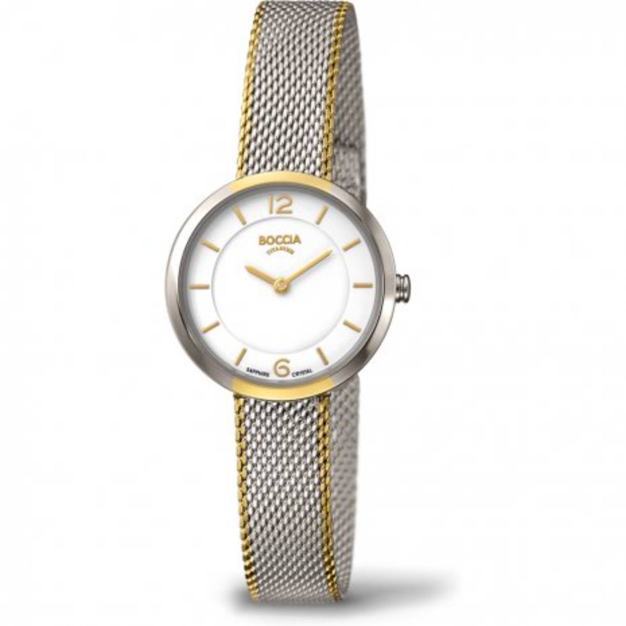 Boccia Damenuhr mit Geh&auml;use aus hautfreundlichem Rein-Ttan, teilweise goldplattiert. Das Zifferblatt ist klar strukturiert und bestens ablesbar. Das moderne, feingliedrige Milanaise-Armband ist ebenfalls teilweise goldplattiert und dank dem stufenlos verstellbaren Verschluss an jeden Handgelenkumfang anpassbar. Zudem ist die Uhr mit ultrakratzfesten Saphirglas ausgestattet und 50m wasserdicht.