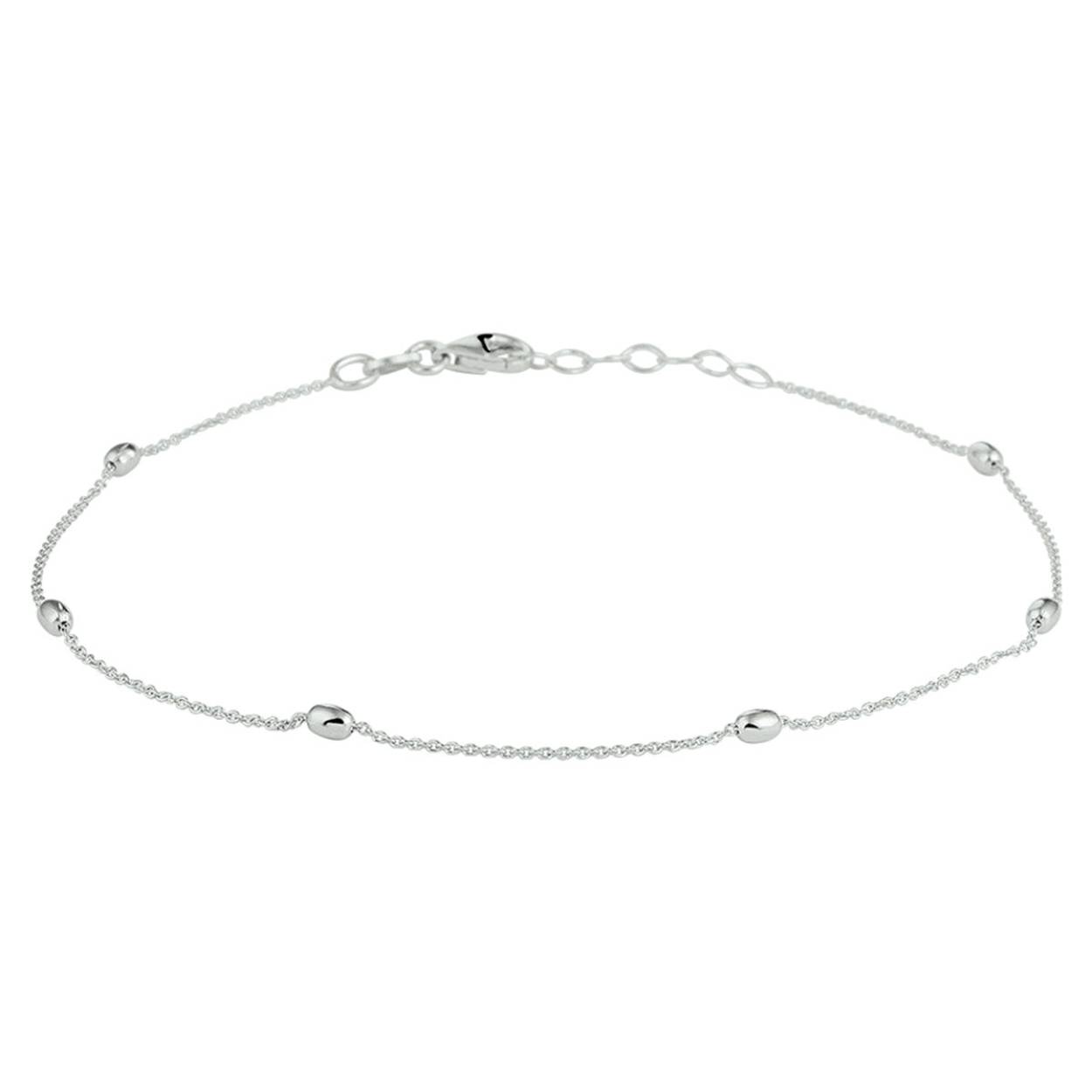 Trendy gerhodineerd zilveren enkelbandje uitgevoerd met poli afgewerkte ovaal gevormde bolletjes met afmetingen van 2.5x3.6mm. Met een draaglengte van 24cm en een extensie van 2cm. Het enkelbandje heeft een karabijn sluiting. Tip: Leuk om kado te geven! Info: Gerhodineerd zilver is door de rhodiumlaag beter bestand tegen verkleuren en krassen.